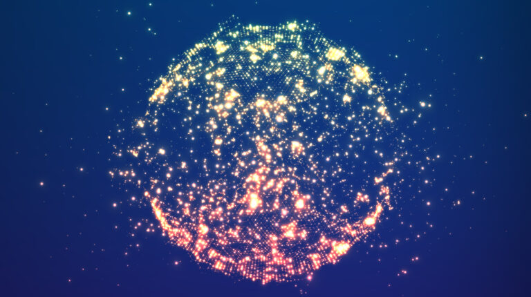 Abstract vector sphere explosion. Explosion of sphere with glowing particles. Futuristic technology style. Elegant background for business presentations.